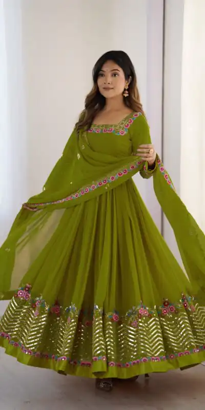 Green Georgette Multi Thread Work Gown