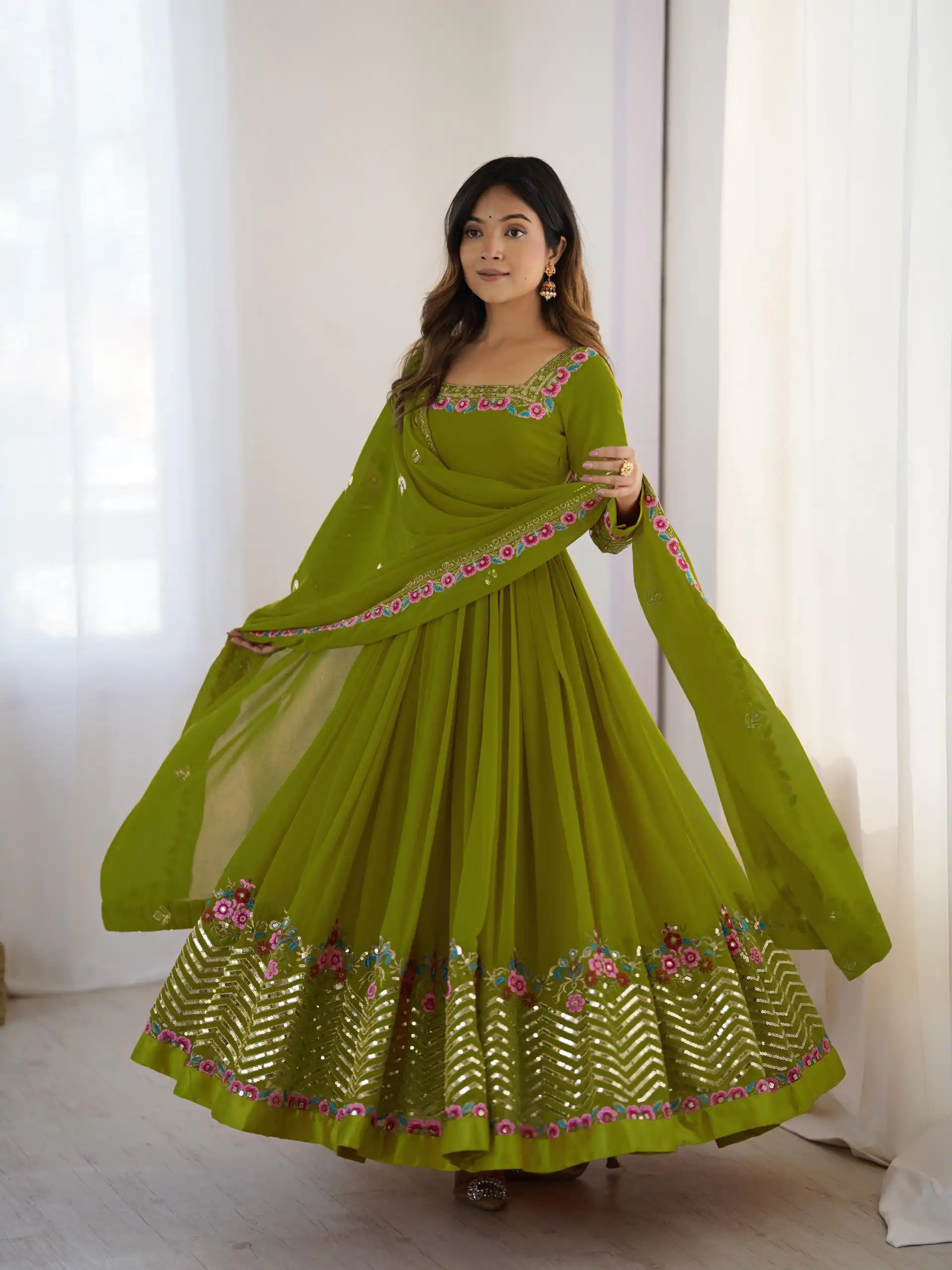 Green Georgette Multi Thread Work Gown