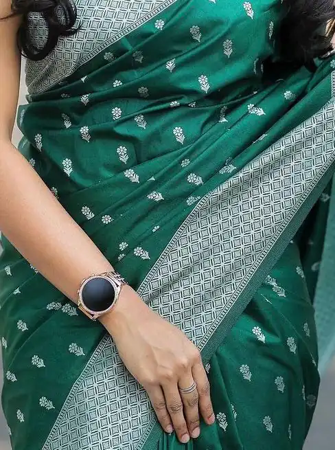 Green Lichi Silk Border Lace Work Saree - Image 3