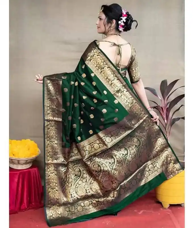 Green Lichi Silk Border Work Saree - Image 2