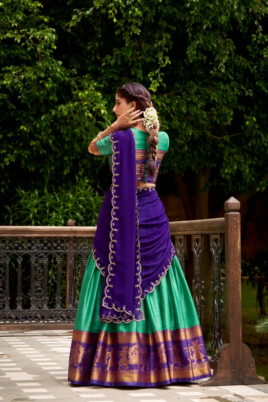 Green Poly Cotton Embroidery Zari Work Lehenga Choli - Image 3