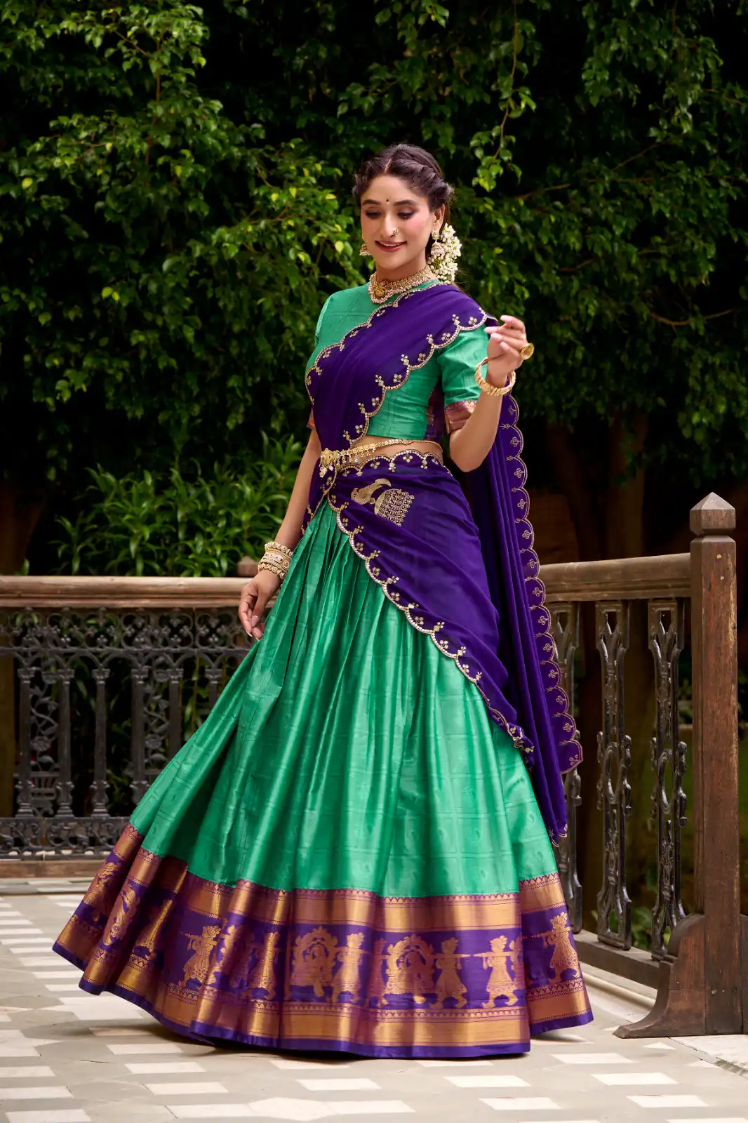 Green Poly Cotton Embroidery Zari Work Lehenga Choli - Image 2