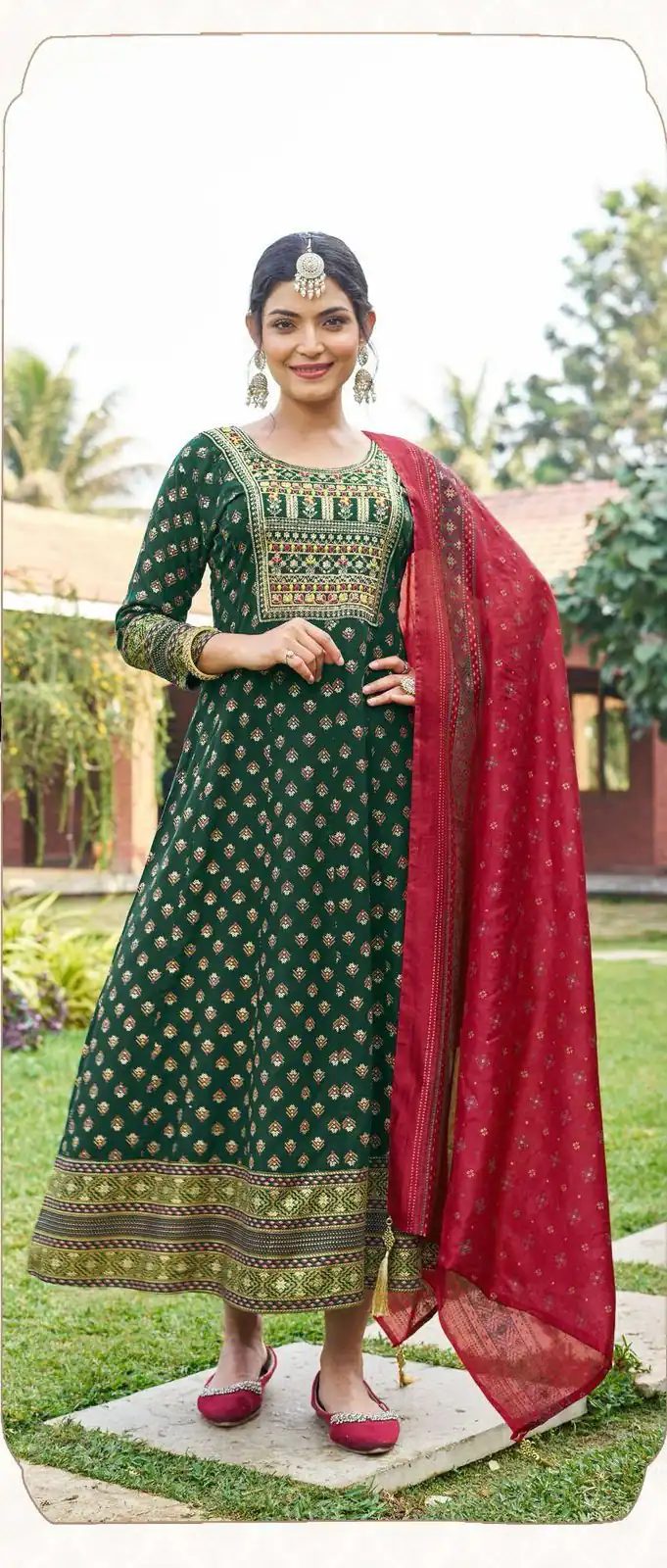 Green Rayon Embroidery Work Gown