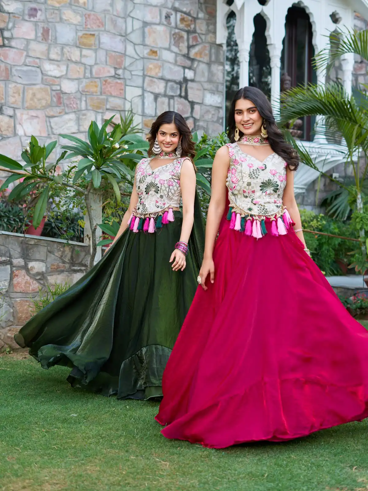 Green Simar Tissue Silk Thread Work Lehenga Choli - Image 2