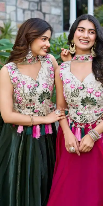 Green Simar Tissue Silk Thread Work Lehenga Choli