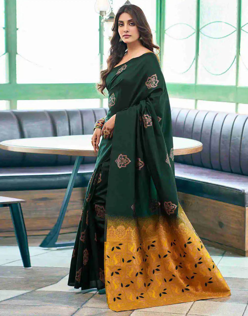 Green Soft Lichi Silk Lace Border Work Saree - Image 5