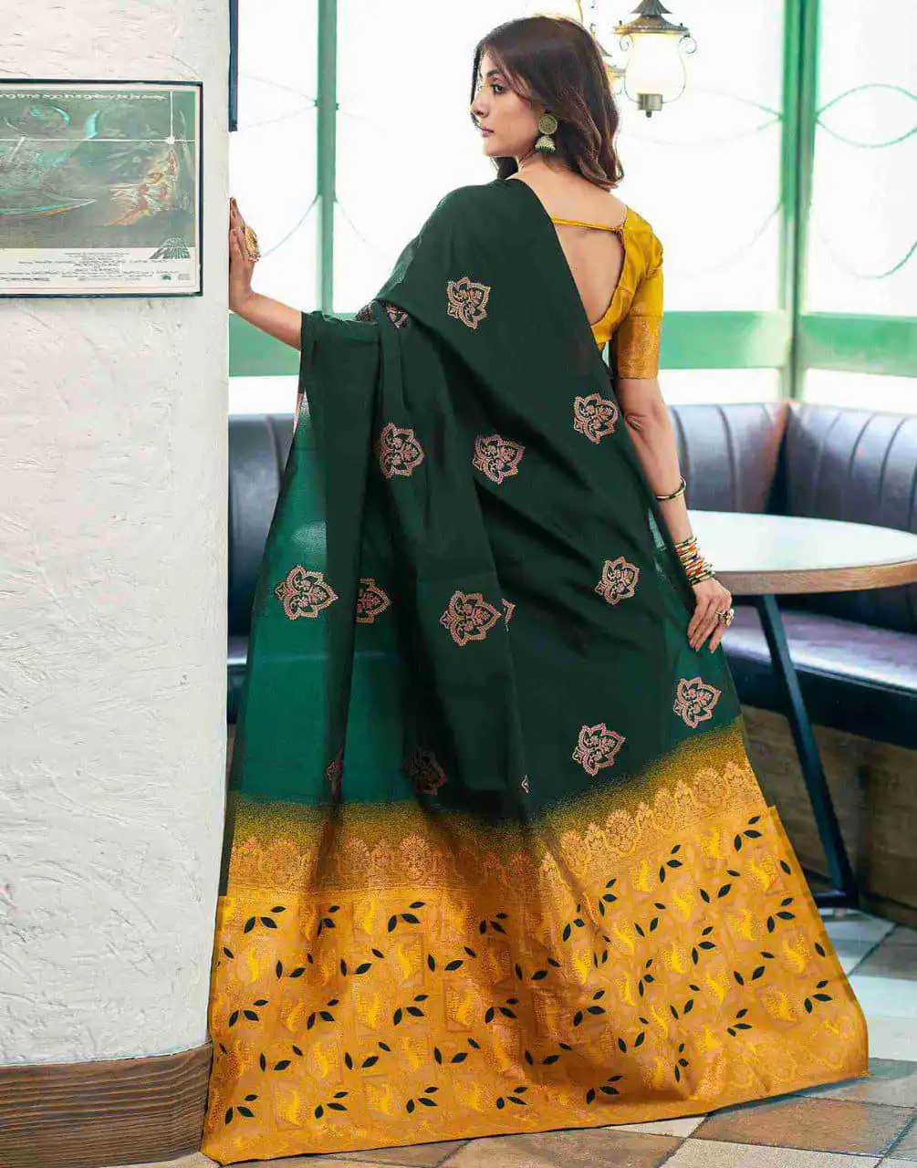 Green Soft Lichi Silk Lace Border Work Saree - Image 2