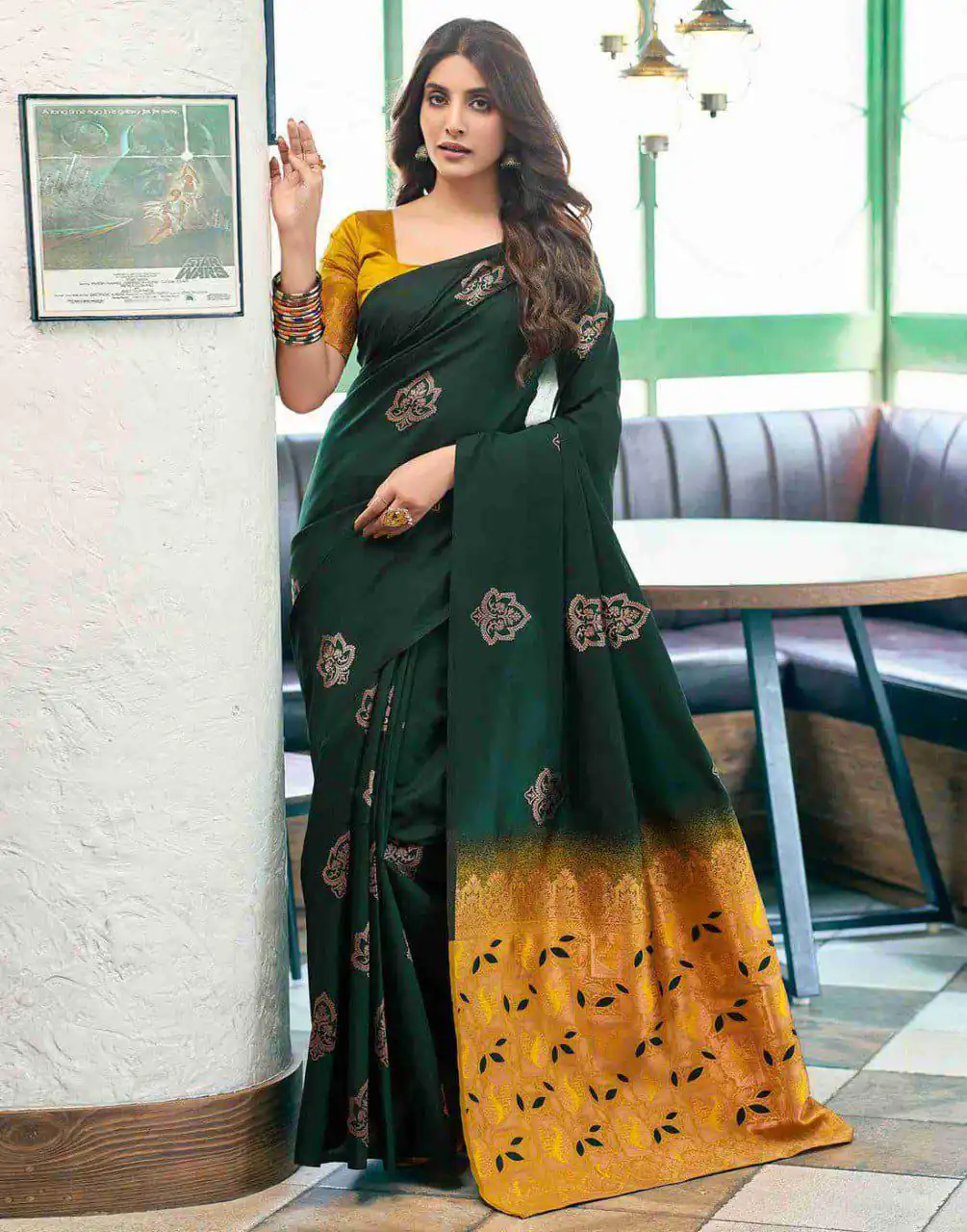 Green Soft Lichi Silk Lace Border Work Saree