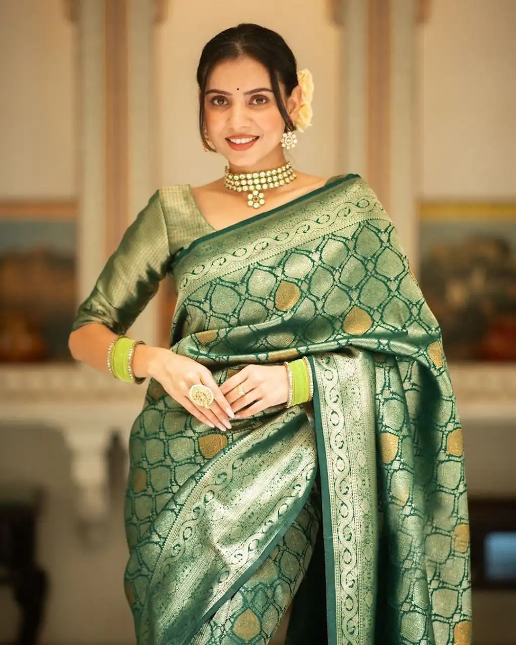 Green Soft Lichi With Jacquard Work Silk Saree - Image 4