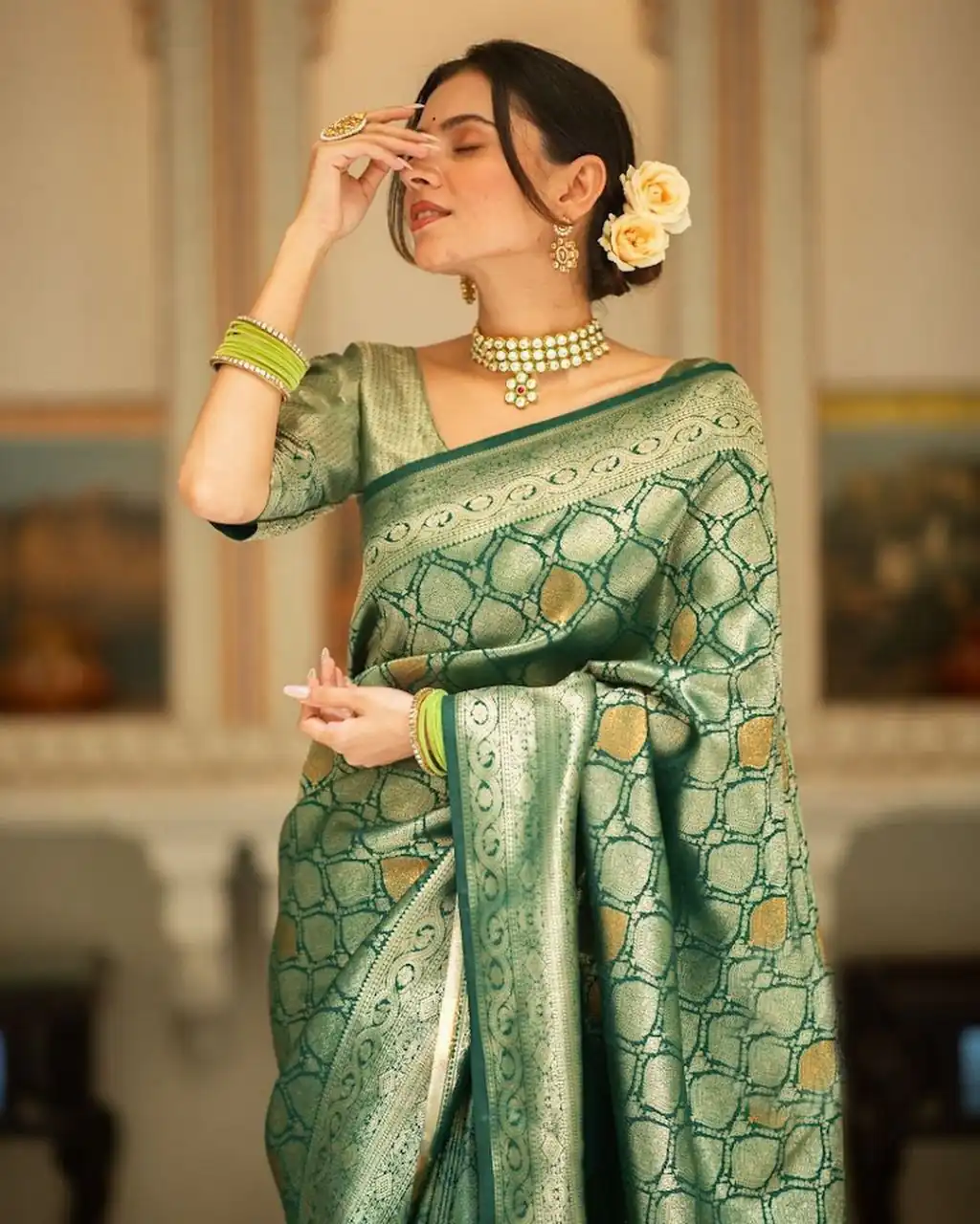 Green Soft Lichi With Jacquard Work Silk Saree - Image 2