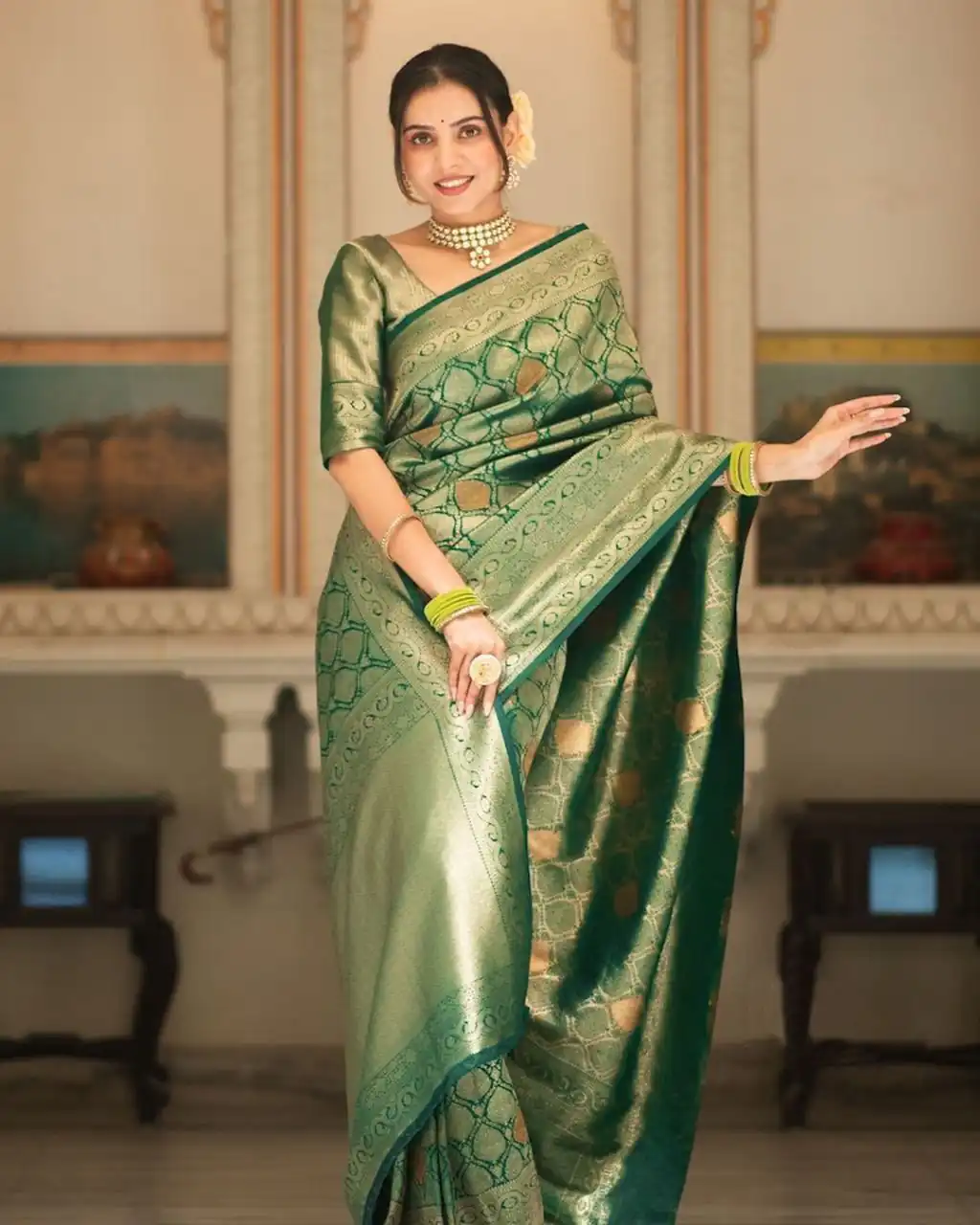 Green Soft Lichi With Jacquard Work Silk Saree