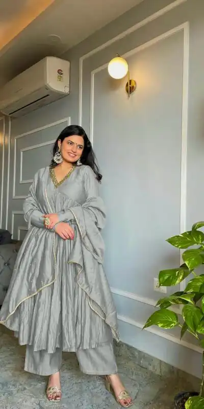 AD 152 Grey Color Pure Chinon Silk Embroidery Gown Fancy Full Sleeve Wedding, Party, Festive, Events Etc. Expected Delivery  4-6 Working Days @1799/ | Jump Suits, Salwar suit, Casual Suits, Creative suits, Designer Suits, Palazzo Suits, Party Wear Suits, Patiala Suits, Straight Suits