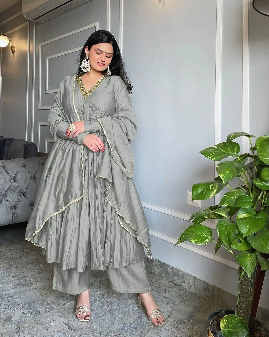 AD 152 Grey Color Pure Chinon Silk Embroidery Gown Fancy Full Sleeve Wedding, Party, Festive, Events Etc. Expected Delivery  4-6 Working Days @1799/ | Jump Suits, Salwar suit, Casual Suits, Creative suits, Designer Suits, Palazzo Suits, Party Wear Suits, Patiala Suits, Straight Suits