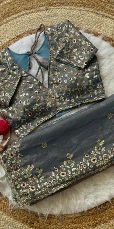 Grey Fandy Chiffon Embroidery Work Saree