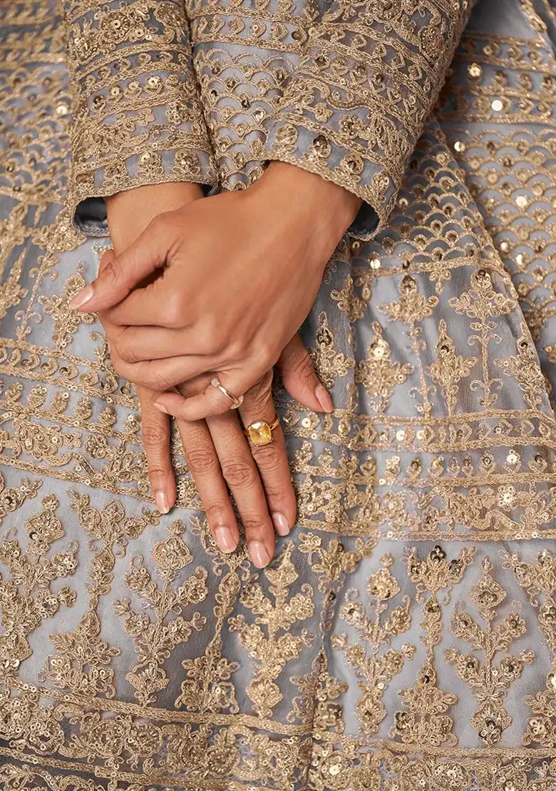 Grey Net Sequence Work Salwar Suit - Image 3