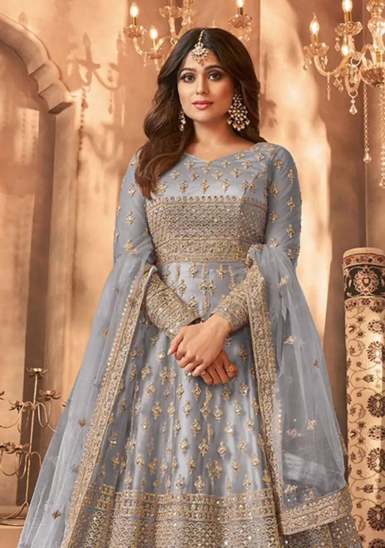 Grey Net Sequence Work Salwar Suit - Image 2