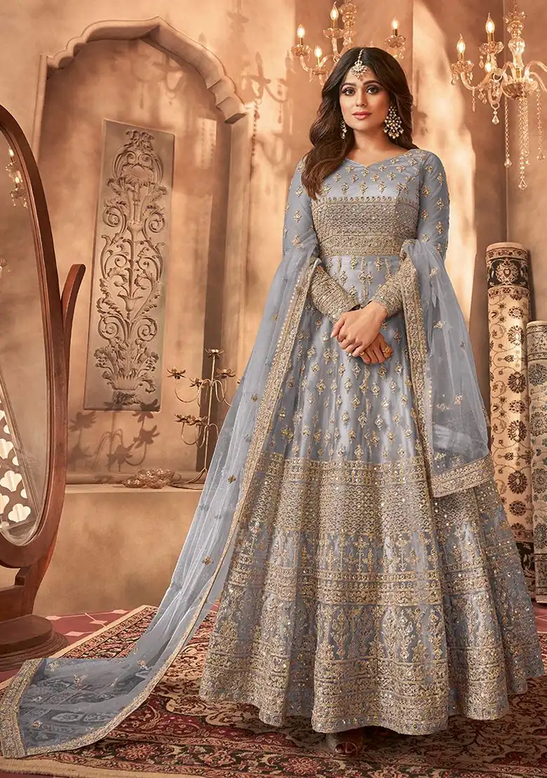 Grey Net Sequence Work Salwar Suit
