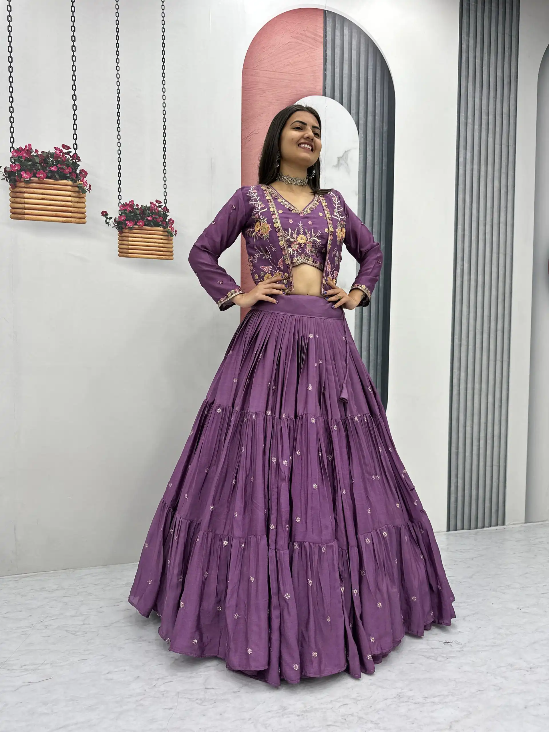 Lavender Chinon Thread Embroidery Lehenga Choli - Image 6