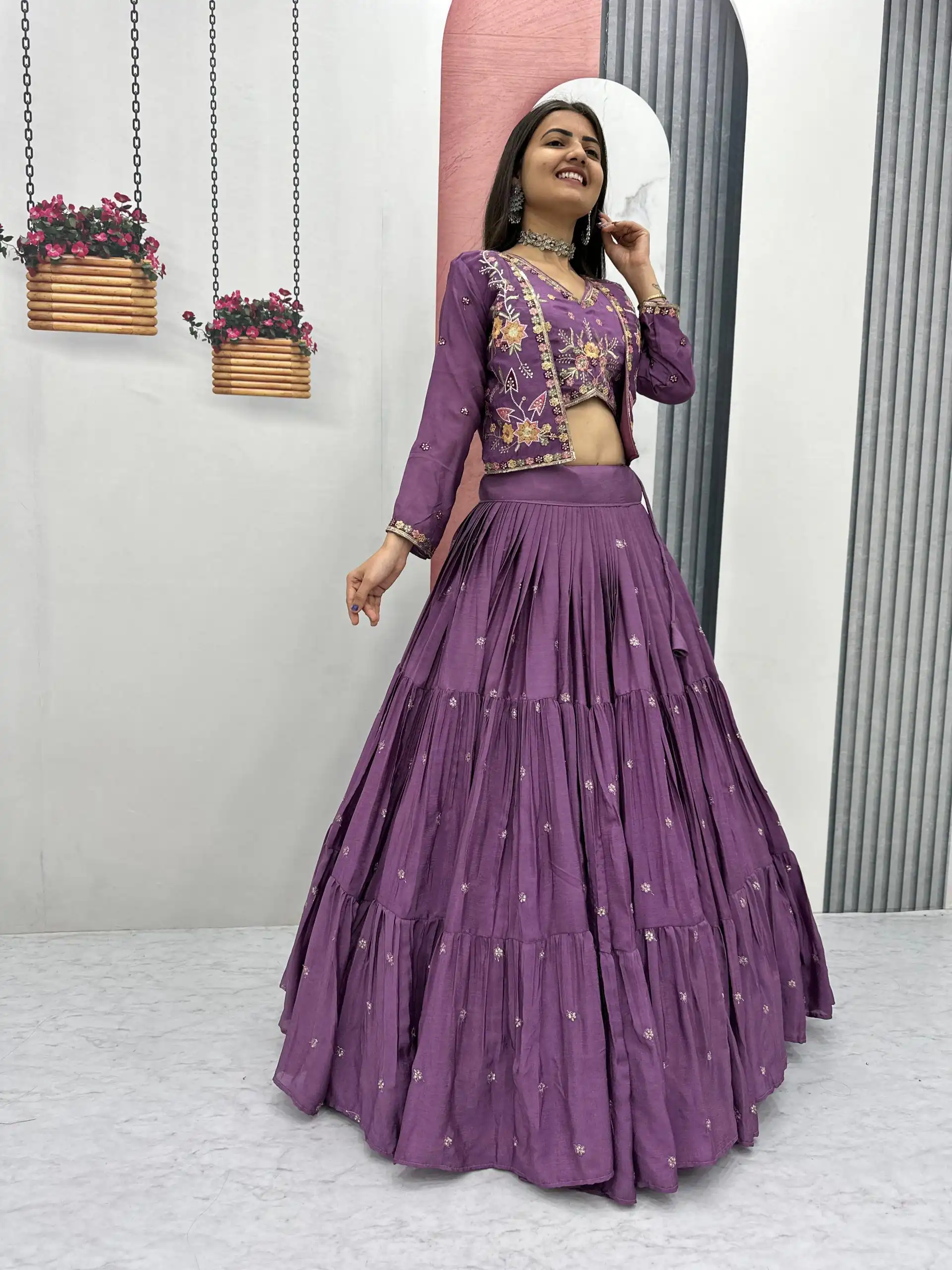 Lavender Chinon Thread Embroidery Lehenga Choli - Image 5