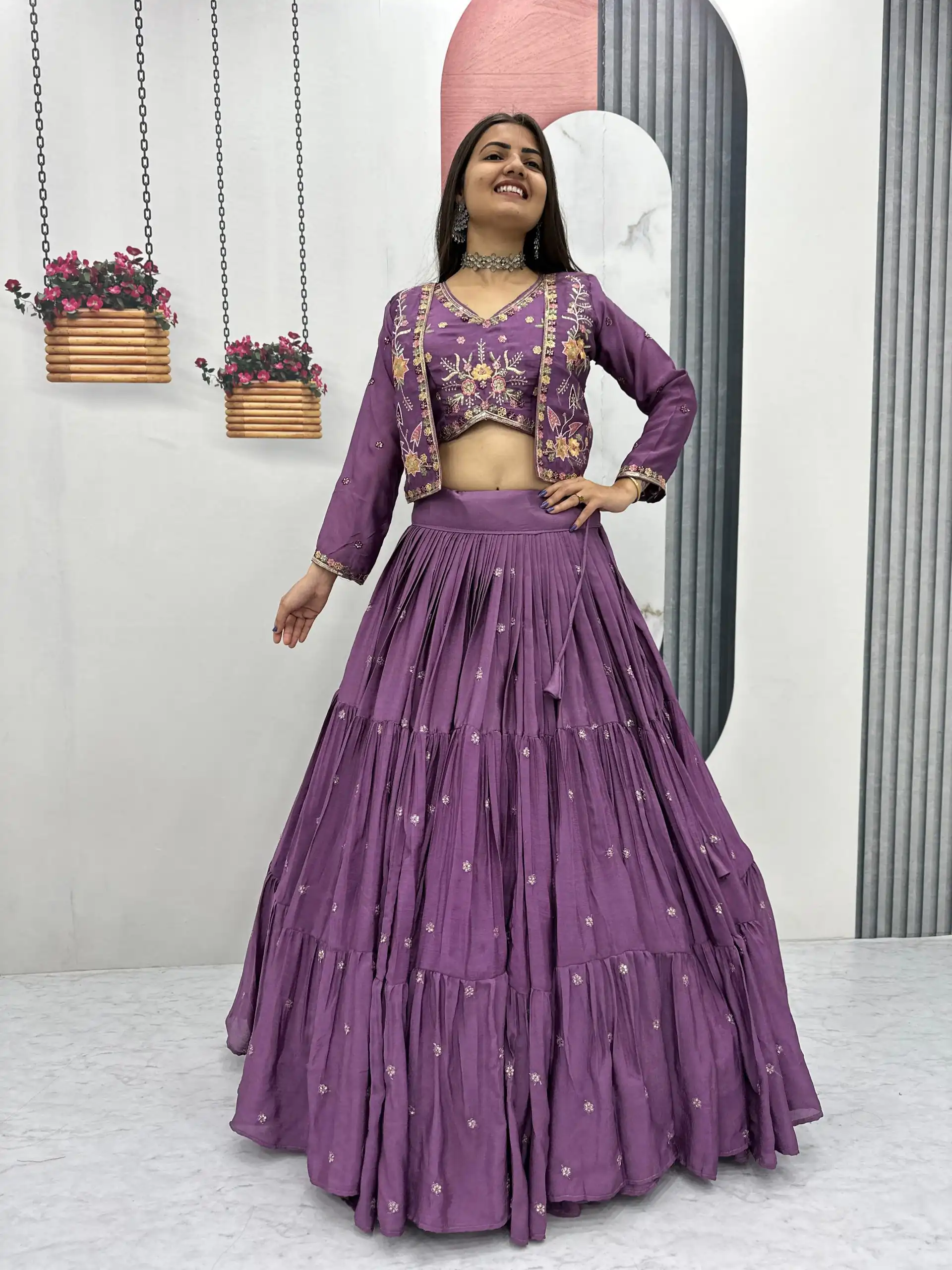 Lavender Chinon Thread Embroidery Lehenga Choli - Image 4
