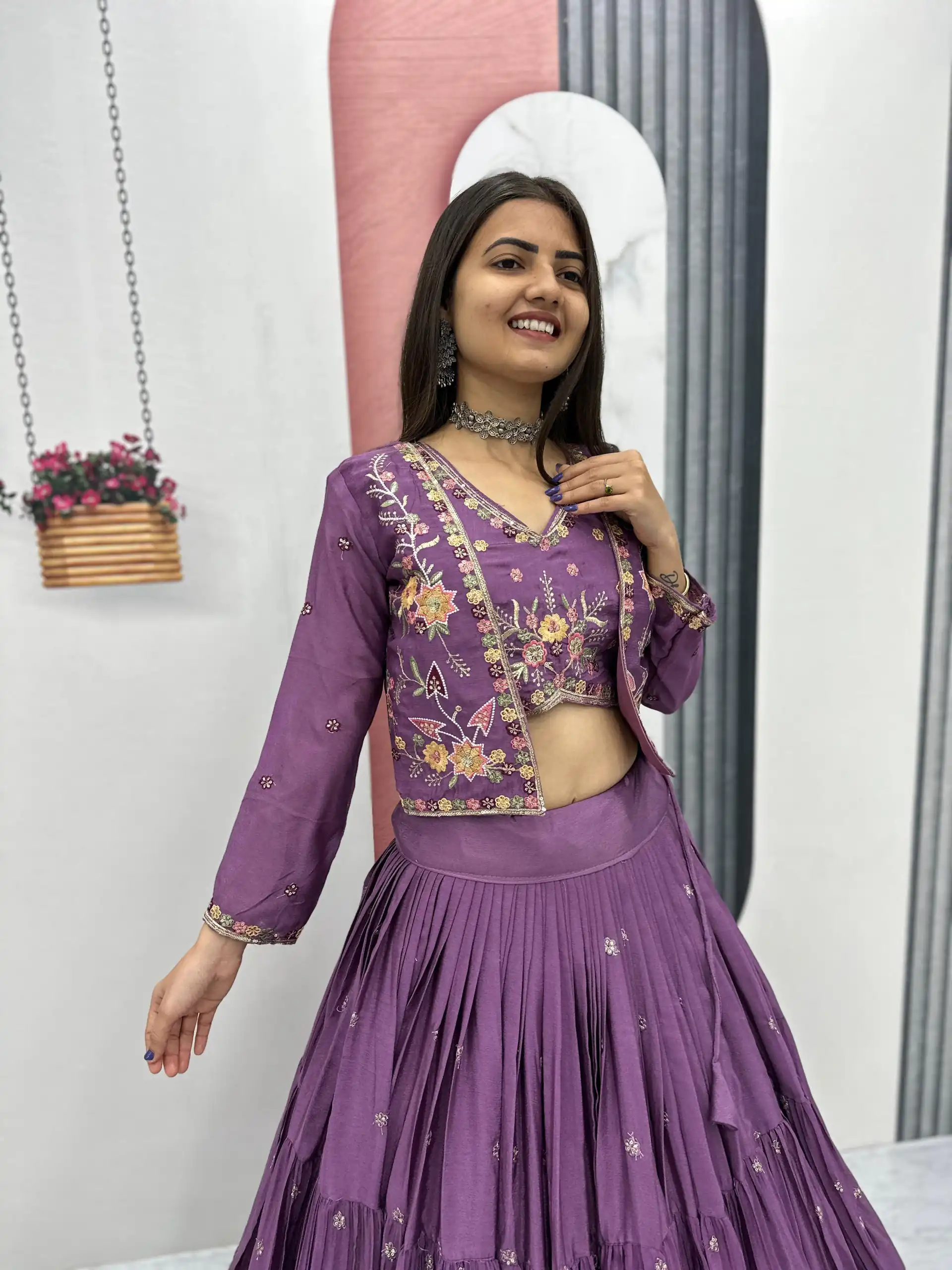 Lavender Chinon Thread Embroidery Lehenga Choli - Image 3