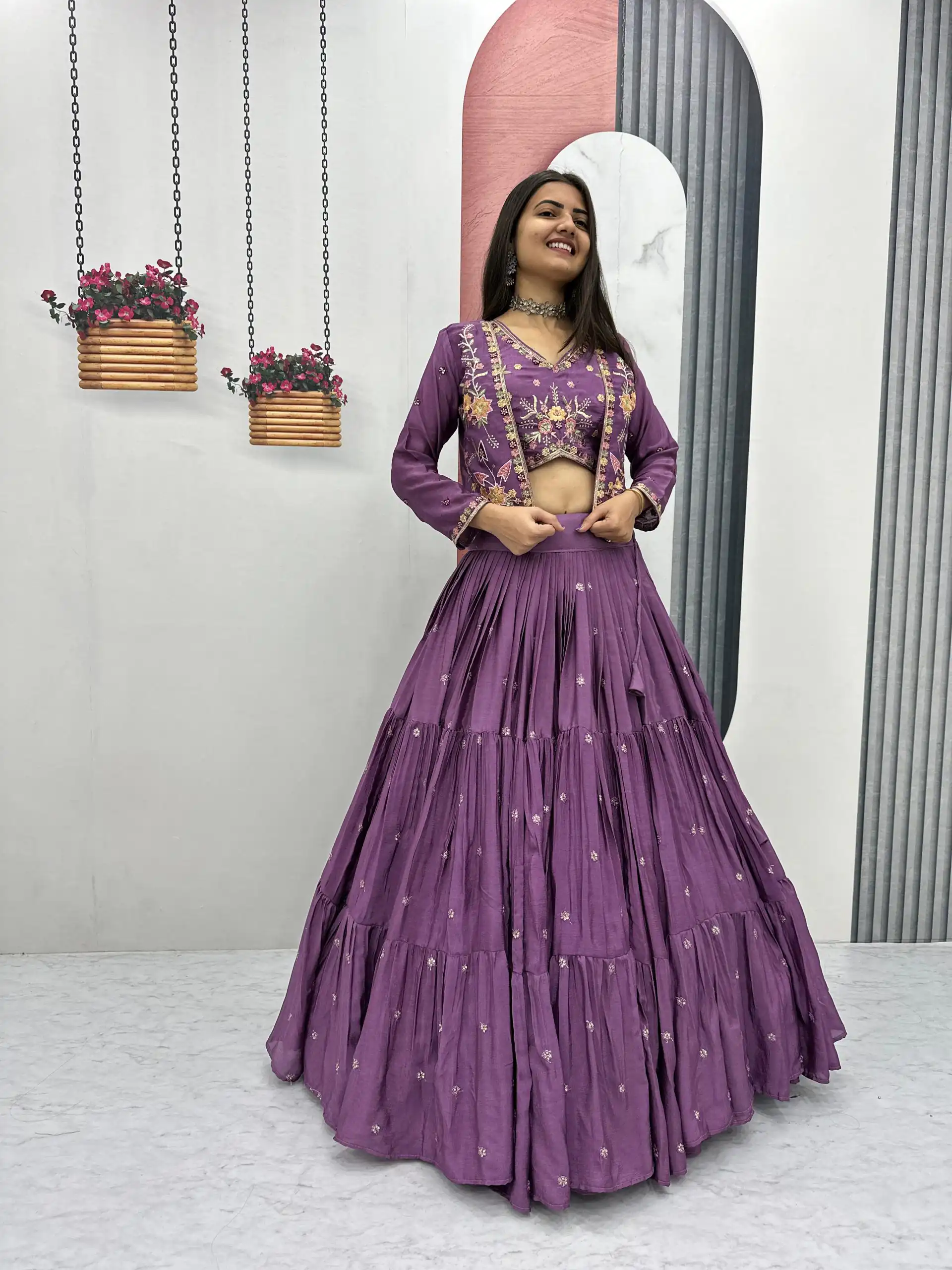 Lavender Chinon Thread Embroidery Lehenga Choli - Image 2