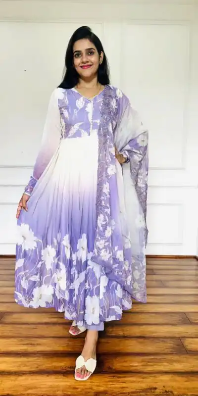 ZF 431 Lavender Faux Georgette Gown with Embroidery Work & Digital Print. Best Price ₹2049. Delivery 4-6 Working Days. Shop now. | Jump Suits, Salwar suit, Casual Suits, Creative suits, Designer Suits, Palazzo Suits, Party Wear Suits, Patiala Suits, Straight Suits