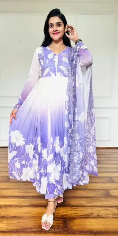 ZF 431 Lavender Faux Georgette Gown with Embroidery Work & Digital Print. Best Price ₹2049. Delivery 4-6 Working Days. Shop now. | Jump Suits, Salwar suit, Casual Suits, Creative suits, Designer Suits, Palazzo Suits, Party Wear Suits, Patiala Suits, Straight Suits