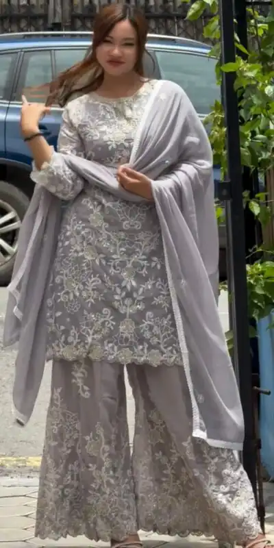 Lavender Faux Georgette Embroidery Lace Work Salwar Suit