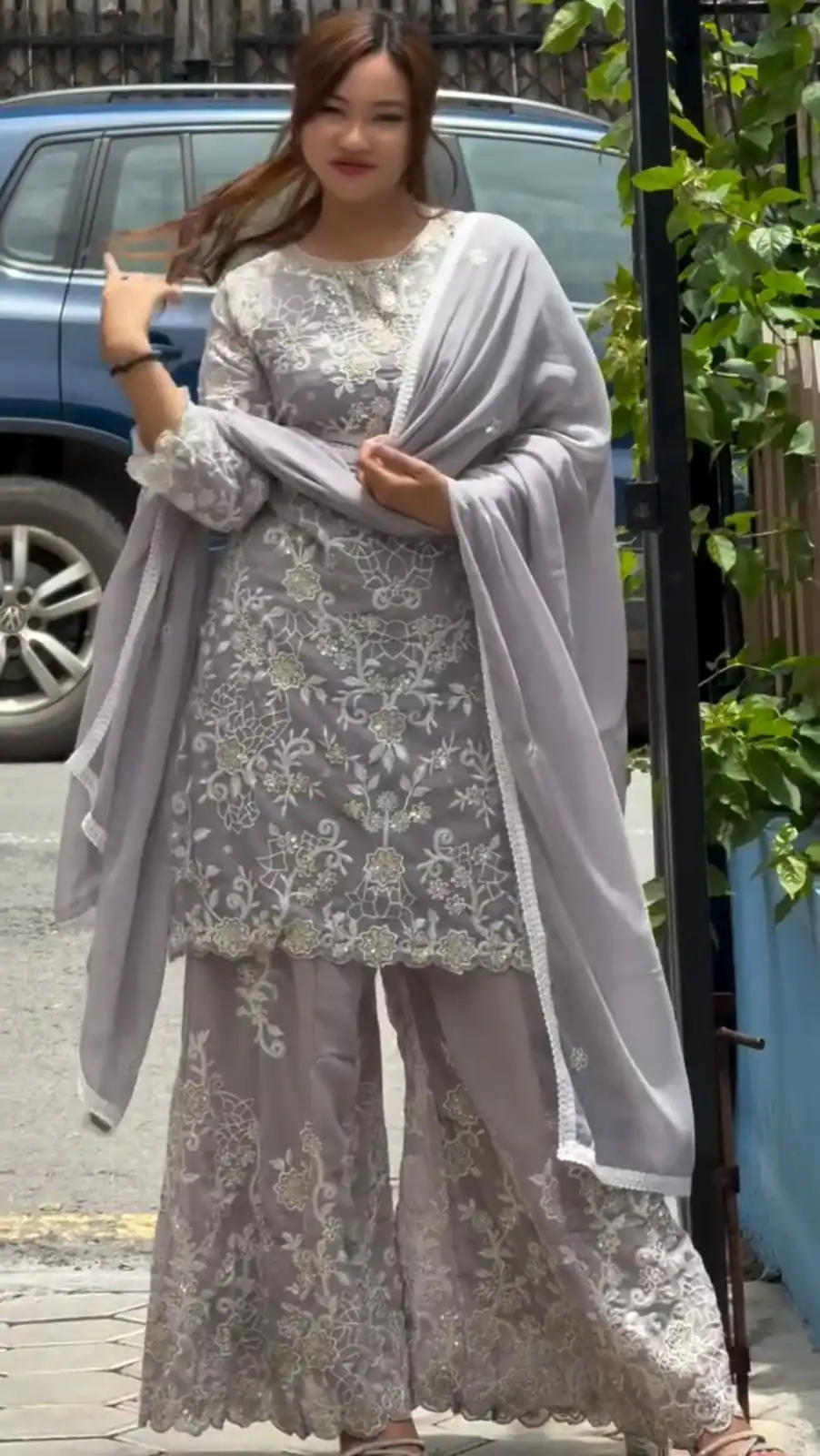 Lavender Faux Georgette Embroidery Lace Work Salwar Suit