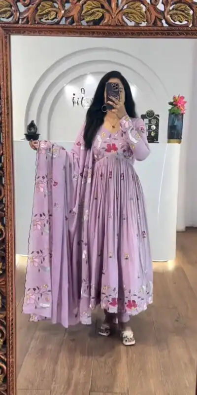 Lavender Fox Georgette With Thread Embroidery Gown