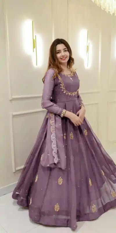 Lavender Georgette Embroidery Work Gown