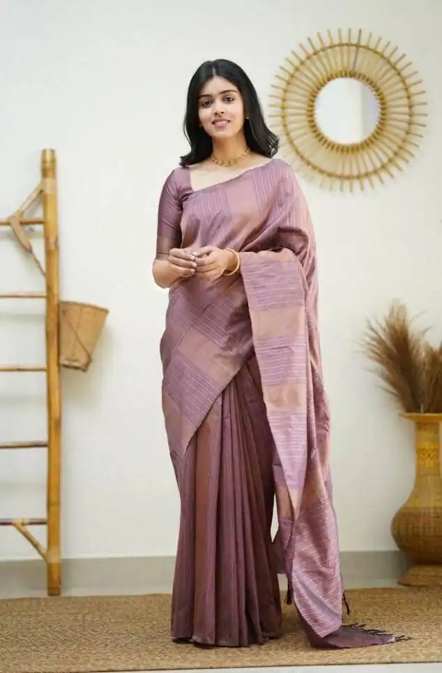 Lavender Soft Lichi Silk Rich Pallu Work Border Saree