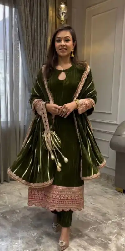 Mahendi Crash Viscose Velvet Embroidery Work Salwar Suit
