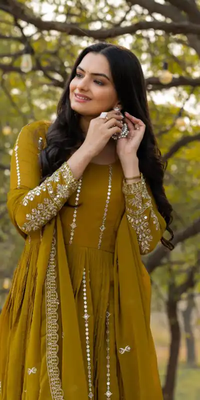 Ram 080 Mahendi Fox Georgette Gown with Embroidery Work. Wedding, Party, Festive, Events, Best Price ₹2049. Delivery 4-6 Working Days. Shop now. | Jump Suits, Salwar suit, Casual Suits, Creative suits, Designer Suits, Palazzo Suits, Party Wear Suits, Patiala Suits, Straight Suits