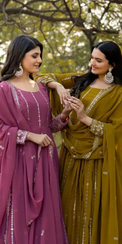 Ram 080 Mahendi Fox Georgette Gown with Embroidery Work. Wedding, Party, Festive, Events, Best Price ₹2049. Delivery 4-6 Working Days. Shop now. | Jump Suits, Salwar suit, Casual Suits, Creative suits, Designer Suits, Palazzo Suits, Party Wear Suits, Patiala Suits, Straight Suits