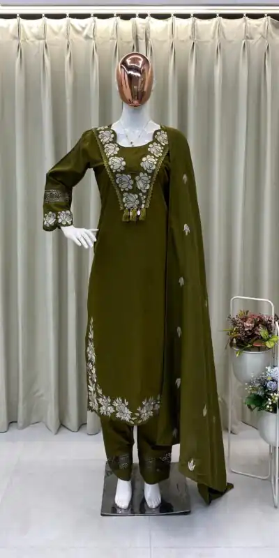 BE 385 Mahendi Color Rayon Slub Cotton Embroidery Wor Salwar Suit Casual, Wedding, Festive, Events . Expected Delivery  4-6 Working Days @1899/- only      | Jump Suits, Salwar suit, Casual Suits, Creative suits, Designer Suits, Palazzo Suits, Party Wear Suits, Patiala Suits, Straight Suits