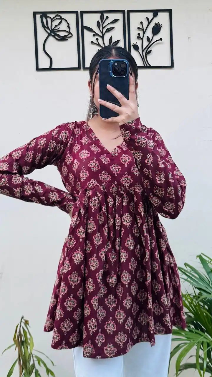 Maroon Cotton With Printed Kurti