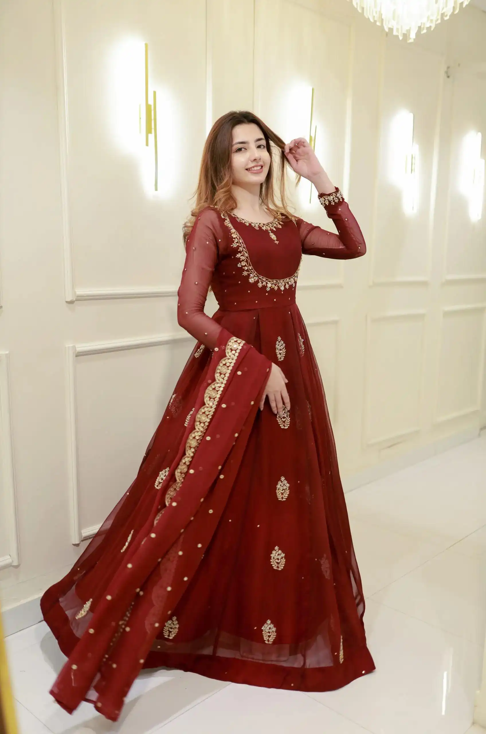 Maroon Georgette Embroidery Work Gown - Image 5