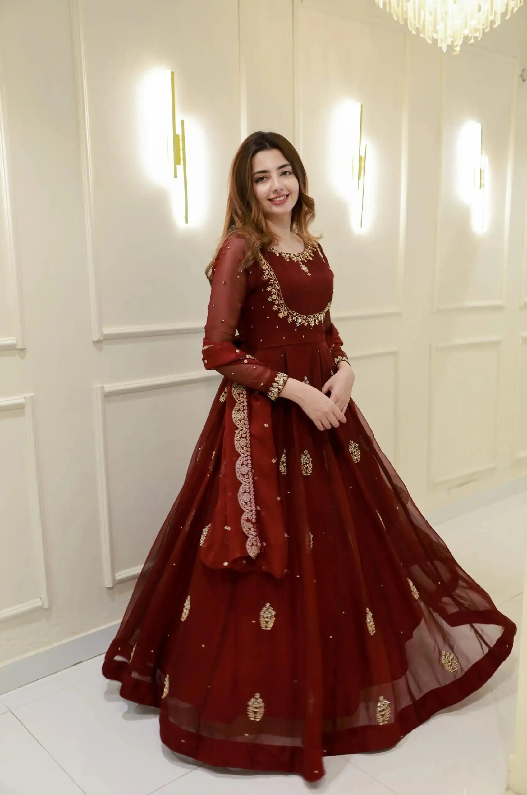 Maroon Georgette Embroidery Work Gown - Image 3
