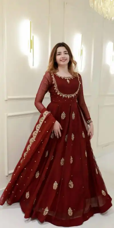 Maroon Georgette Embroidery Work Gown