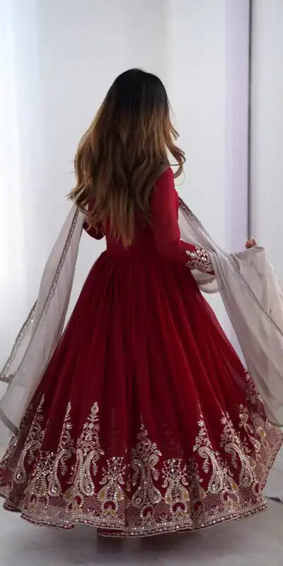 ZF 5008 Maroon Georgette Gown with Embroidery Work. Wedding, Party, Festive, Events, Special Price ₹2049. Delivery 4-6 Working Days. Shop now. | Jump Suits, Salwar suit, Casual Suits, Creative suits, Designer Suits, Palazzo Suits, Party Wear Suits, Patiala Suits, Straight Suits