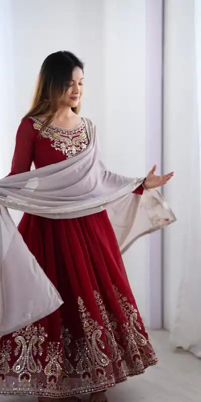 ZF 5008 Maroon Georgette Gown with Embroidery Work. Wedding, Party, Festive, Events, Special Price ₹2049. Delivery 4-6 Working Days. Shop now. | Jump Suits, Salwar suit, Casual Suits, Creative suits, Designer Suits, Palazzo Suits, Party Wear Suits, Patiala Suits, Straight Suits