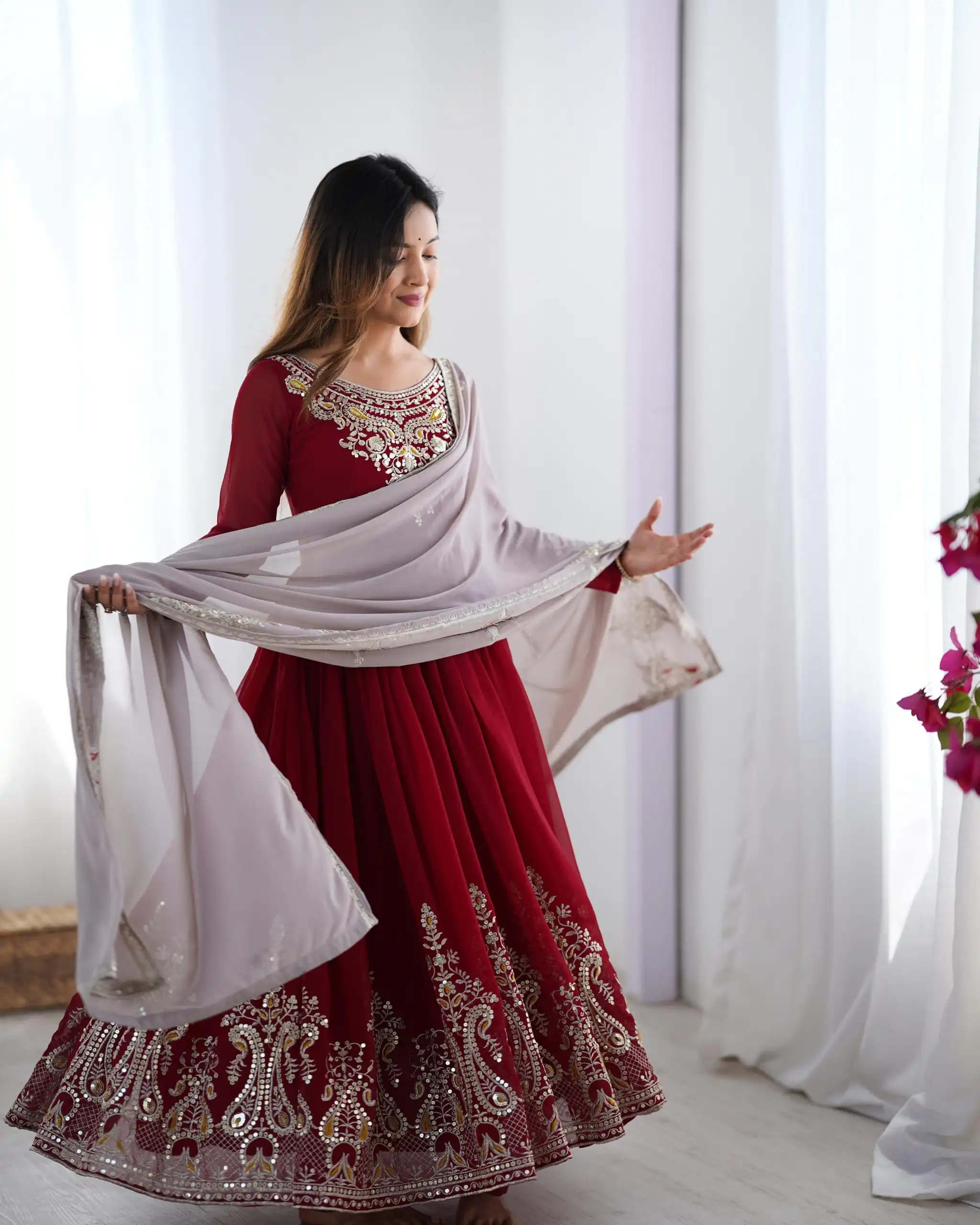 ZF 5008 Maroon Georgette Gown with Embroidery Work. Wedding, Party, Festive, Events, Special Price ₹2049. Delivery 4-6 Working Days. Shop now. | Jump Suits, Salwar suit, Casual Suits, Creative suits, Designer Suits, Palazzo Suits, Party Wear Suits, Patiala Suits, Straight Suits