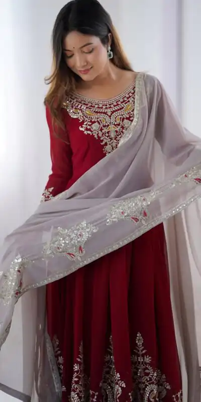 ZF 5008 Maroon Georgette Gown with Embroidery Work. Wedding, Party, Festive, Events, Special Price ₹2049. Delivery 4-6 Working Days. Shop now. | Jump Suits, Salwar suit, Casual Suits, Creative suits, Designer Suits, Palazzo Suits, Party Wear Suits, Patiala Suits, Straight Suits