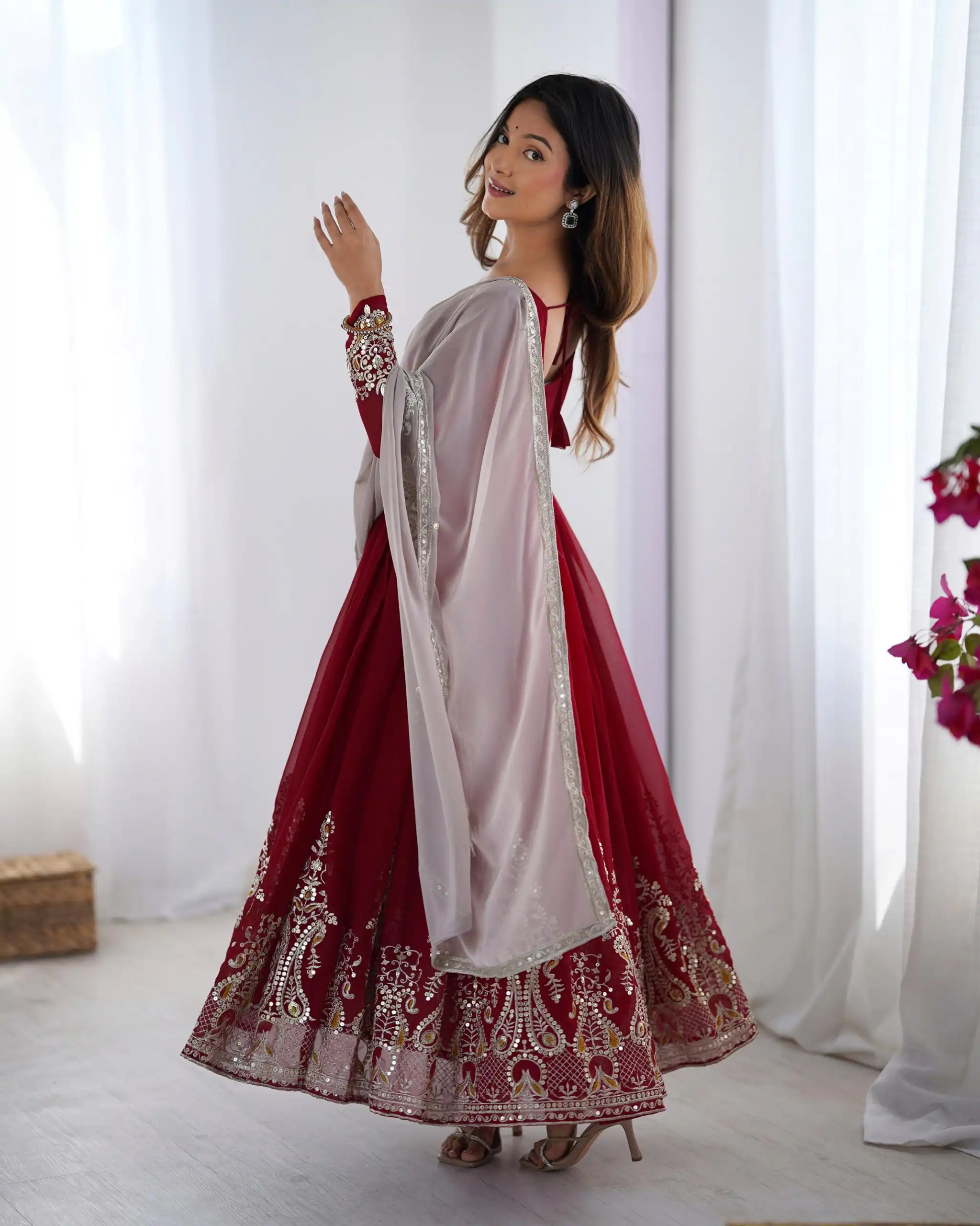 ZF 5008 Maroon Georgette Gown with Embroidery Work. Wedding, Party, Festive, Events, Special Price ₹2049. Delivery 4-6 Working Days. Shop now. | Jump Suits, Salwar suit, Casual Suits, Creative suits, Designer Suits, Palazzo Suits, Party Wear Suits, Patiala Suits, Straight Suits