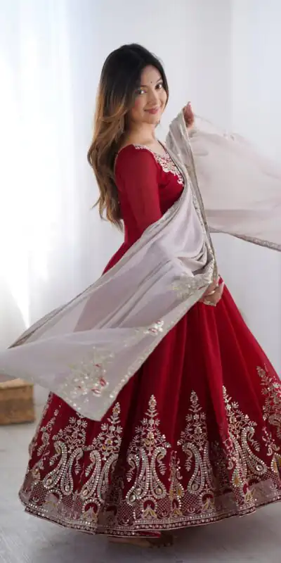 ZF 5008 Maroon Georgette Gown with Embroidery Work. Wedding, Party, Festive, Events, Special Price ₹2049. Delivery 4-6 Working Days. Shop now. | Jump Suits, Salwar suit, Casual Suits, Creative suits, Designer Suits, Palazzo Suits, Party Wear Suits, Patiala Suits, Straight Suits