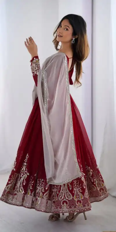 ZF 5008 Maroon Georgette Gown with Embroidery Work. Wedding, Party, Festive, Events, Special Price ₹2049. Delivery 4-6 Working Days. Shop now. | Jump Suits, Salwar suit, Casual Suits, Creative suits, Designer Suits, Palazzo Suits, Party Wear Suits, Patiala Suits, Straight Suits
