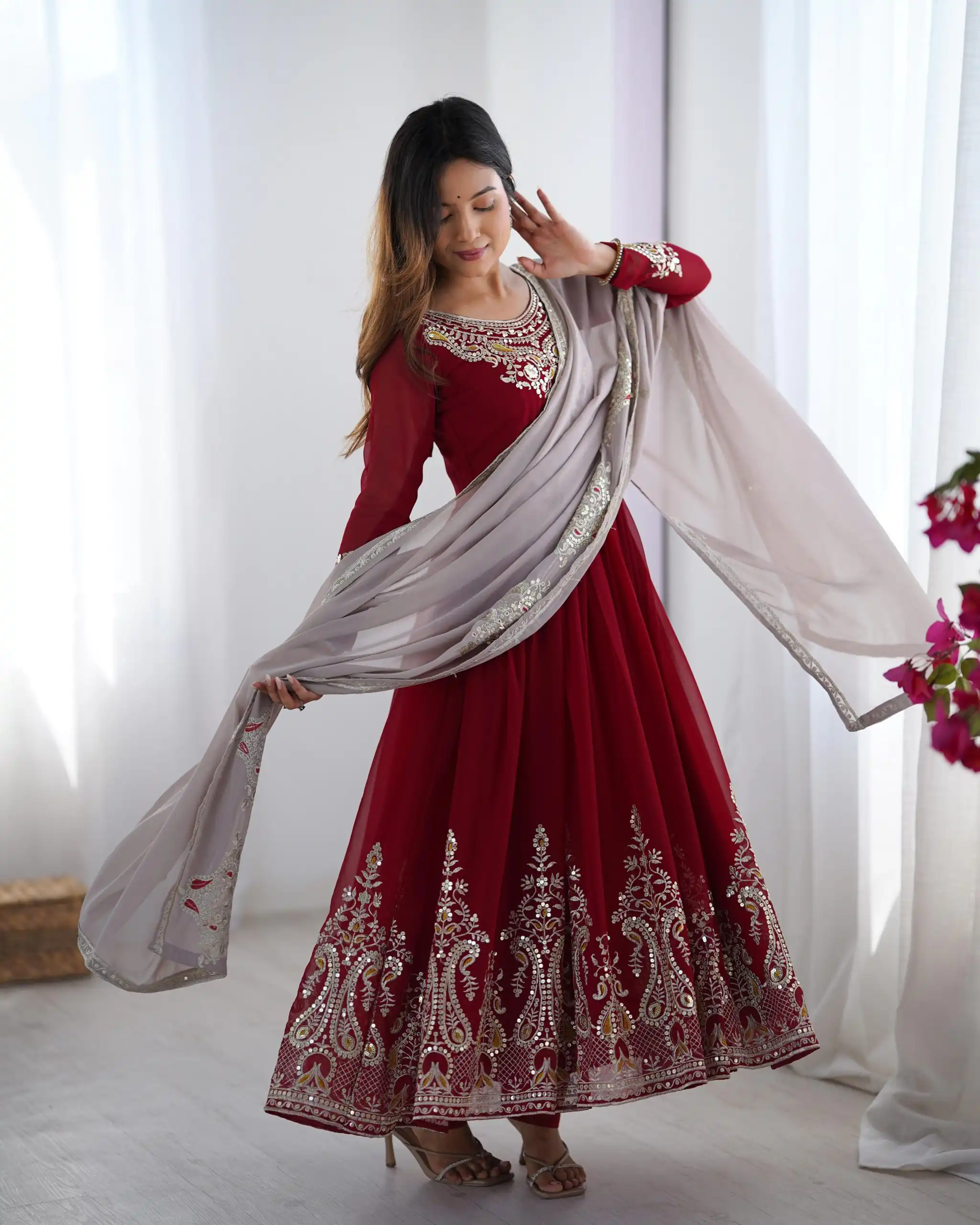 ZF 5008 Maroon Georgette Gown with Embroidery Work. Wedding, Party, Festive, Events, Special Price ₹2049. Delivery 4-6 Working Days. Shop now. | Jump Suits, Salwar suit, Casual Suits, Creative suits, Designer Suits, Palazzo Suits, Party Wear Suits, Patiala Suits, Straight Suits