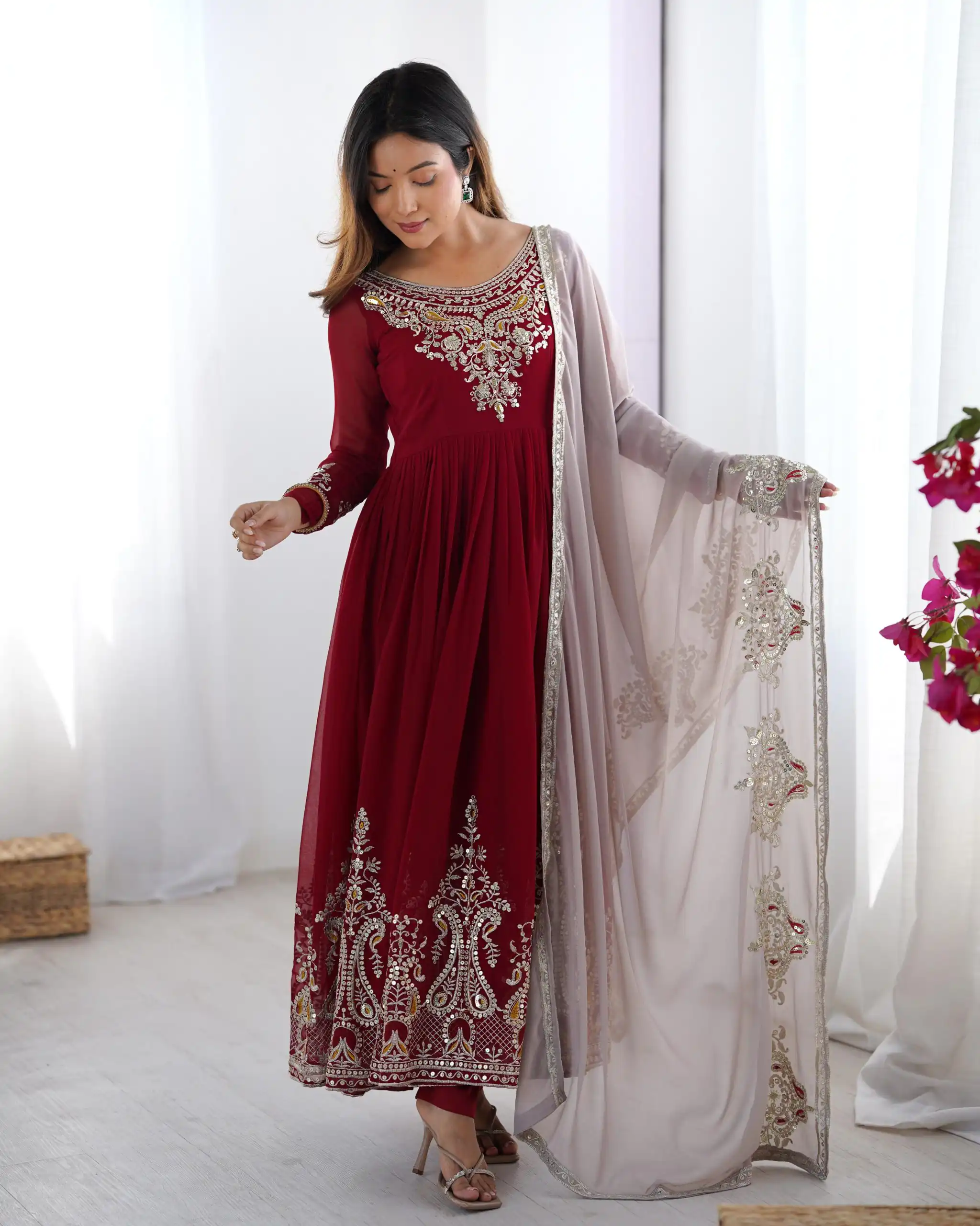 ZF 5008 Maroon Georgette Gown with Embroidery Work. Wedding, Party, Festive, Events, Special Price ₹2049. Delivery 4-6 Working Days. Shop now. | Jump Suits, Salwar suit, Casual Suits, Creative suits, Designer Suits, Palazzo Suits, Party Wear Suits, Patiala Suits, Straight Suits